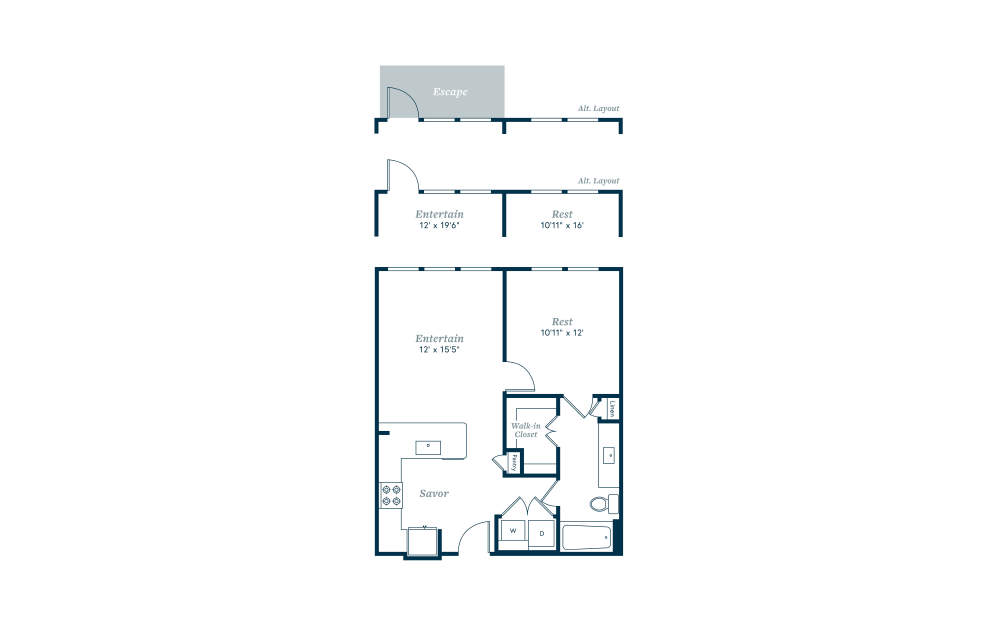 A1 - 1 bedroom floorplan layout with 1 bath and 648 to 698 square feet.