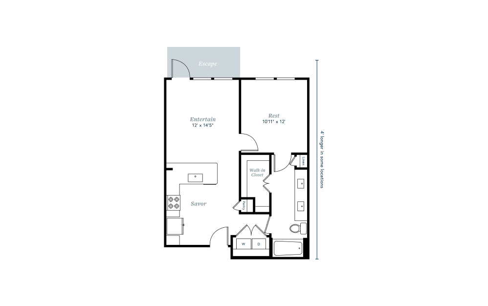 A4 - 1 bedroom floorplan layout with 1 bathroom and 771 - 795 square feet