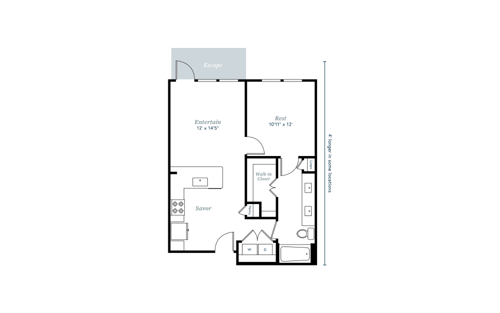 A4 - 1 bedroom floorplan layout with 1 bath and 771 to 795 square feet.