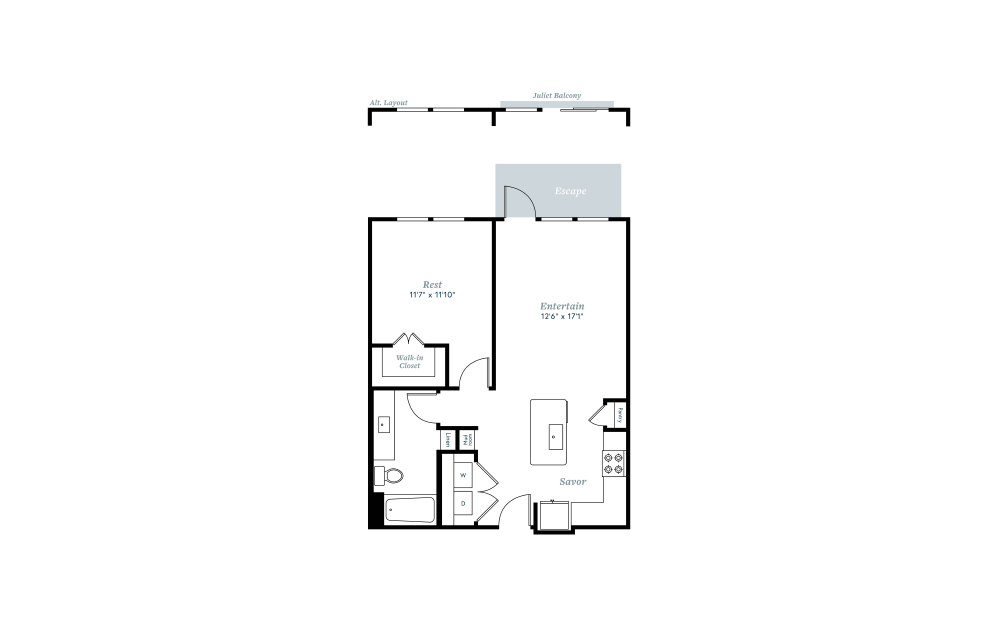 A2 - 1 bedroom floorplan layout with 1 bath and 752 to 788 square feet.