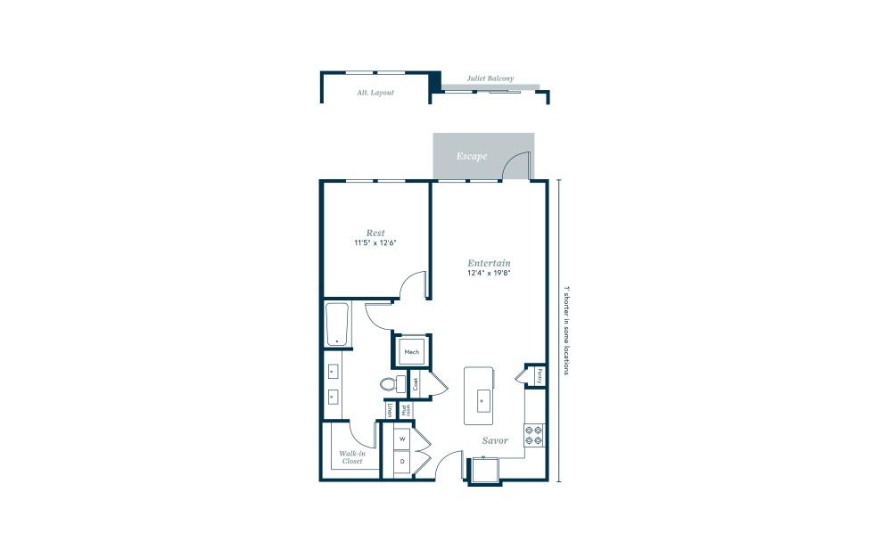 A5 - 1 bedroom floorplan layout with 1 bath and 802 to 827 square feet.