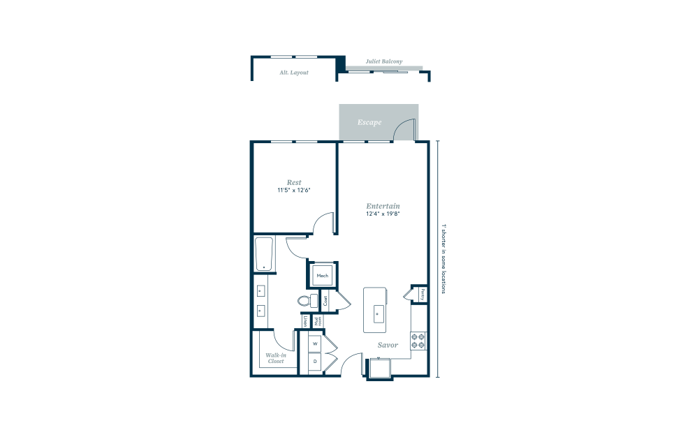 A5 - 1 bedroom floorplan layout with 1 bathroom and 802 - 827 square feet