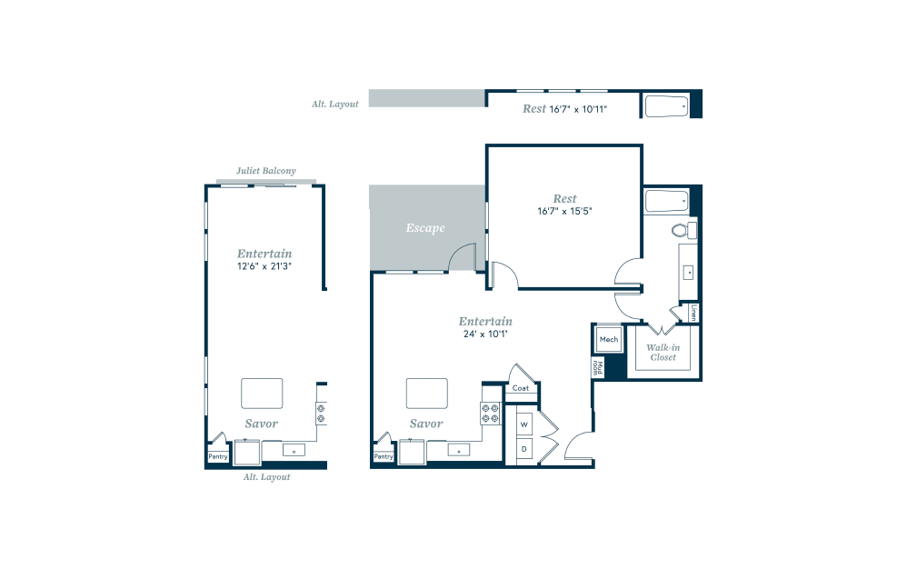 A6 - 1 bedroom floorplan layout with 1 bath and 916 to 1038 square feet.