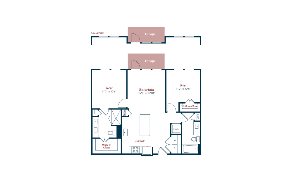 B1 - 2 bedroom floorplan layout with 2 baths and 1012 to 1022 square feet.