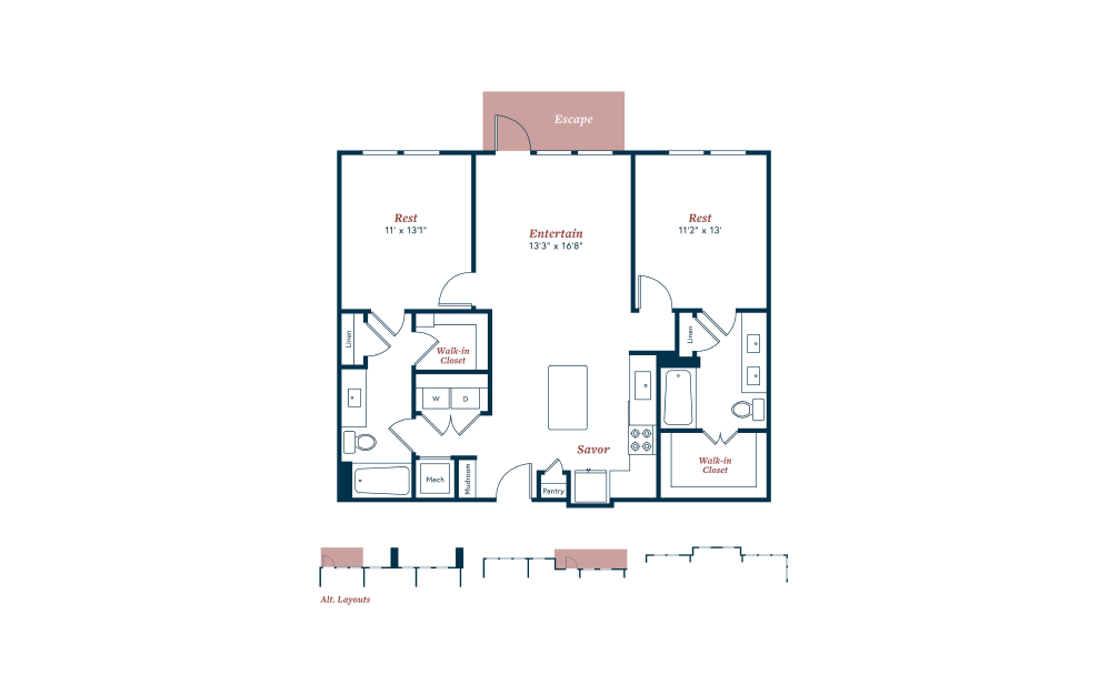 B2 - 2 bedroom floorplan layout with 2 baths and 1187 to 1336 square feet.