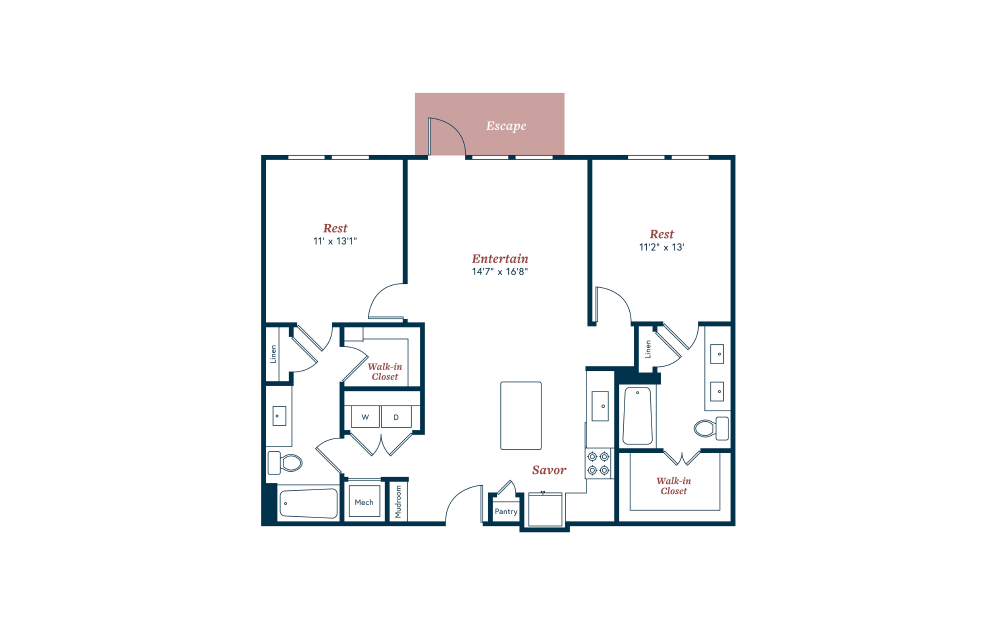 B3 - 2 bedroom floorplan layout with 2 baths and 1152 square feet.