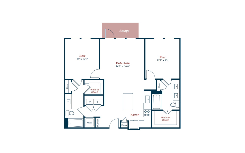 B3 - 2 bedroom floorplan layout with 2 bathrooms and 1152 square feet