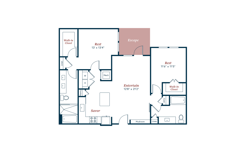 B4 - 2 bedroom floorplan layout with 2 baths and 1196 square feet.