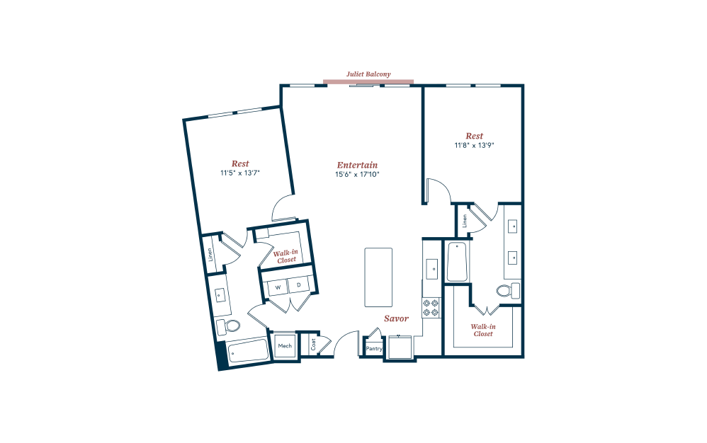 B5 - 2 bedroom floorplan layout with 2 baths and 1260 square feet.