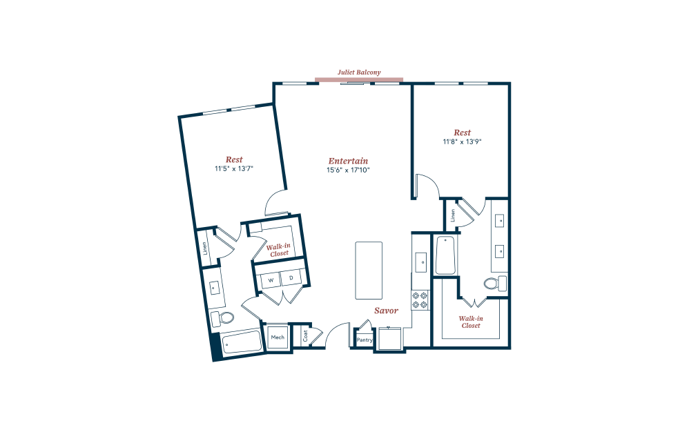 B5 - 2 bedroom floorplan layout with 2 bathrooms and 1260 square feet