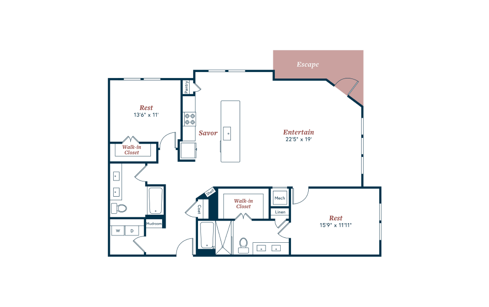 B6 - 2 bedroom floorplan layout with 2 baths and 1512 square feet.