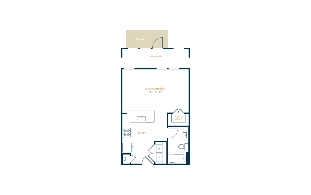 S1 - Studio floorplan layout with 1 bath and 536 square feet.