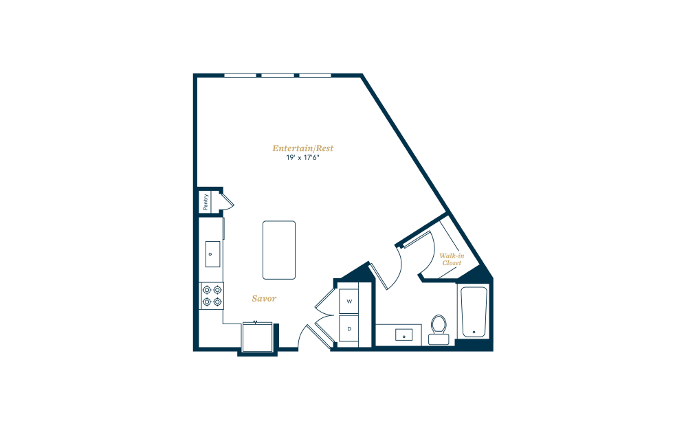S2 - Studio floorplan layout with 1 bath and 599 square feet.
