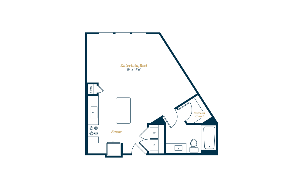 S2 - Studio floorplan layout with 1 bathroom and 599 square feet